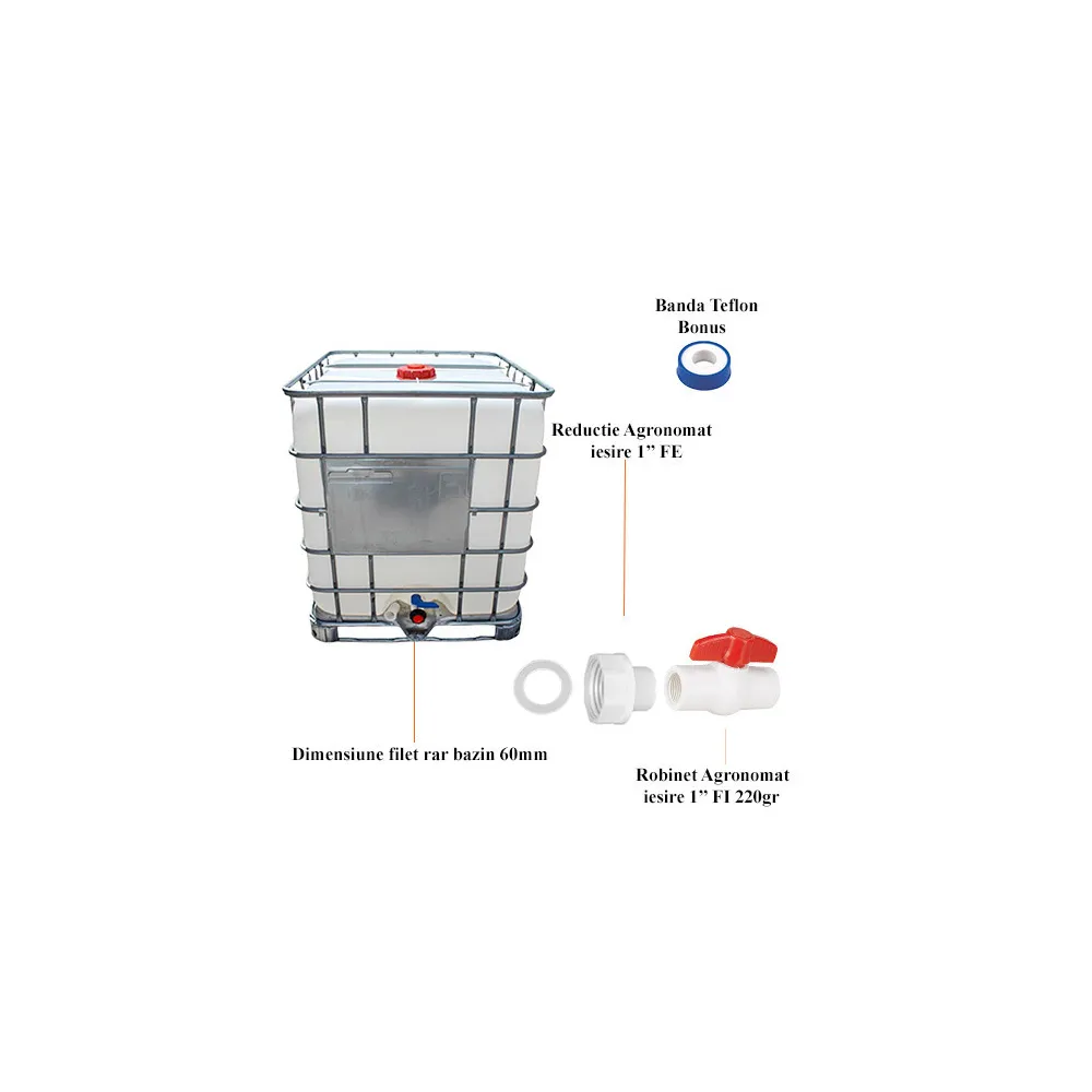 Set Adaptor, Reductie bazin IBC 1000L FE 1" Agronomat cu robinet 1"...